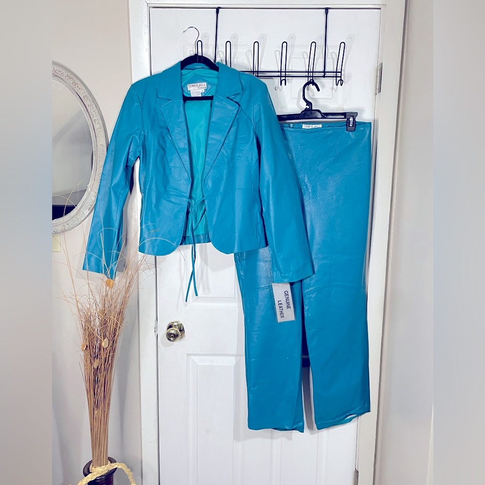 Vintage Turquoise Leather Suit | Size 18